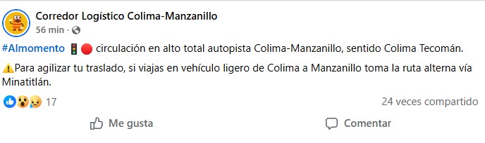 Alto total en autopista Colima-Manzanillo noche de jueves