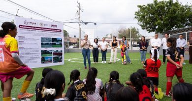 Indira Vizcaíno entrega cancha de usos múltiples en Santa Bárbara y de fútbol rápido en Francisco I. Madero
