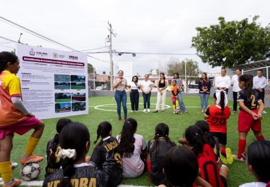 Indira Vizcaíno entrega cancha de usos múltiples en Santa Bárbara y de fútbol rápido en Francisco I. Madero